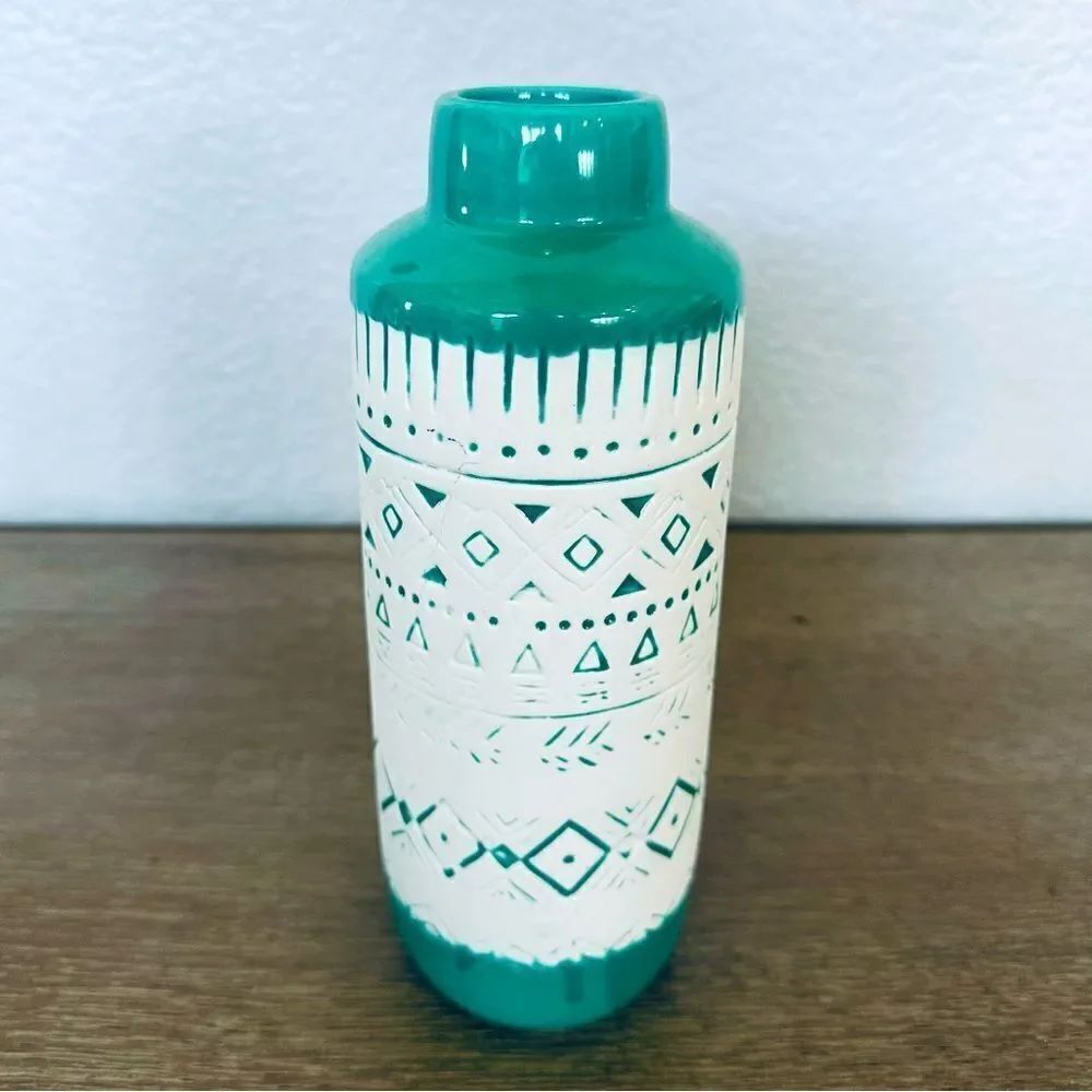 Boho Aztec Southwest Teal Round Ceramic Vase